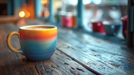 A colorful coffee cup sitting on a wooden table in front of windows, AI - Powered by Adobe