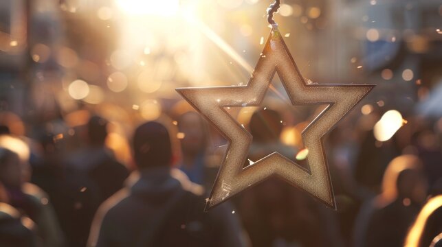 A vivid photograph of a silver Star of David hovering above a crowded city square. As the star emits a beam of light towards the sky . .