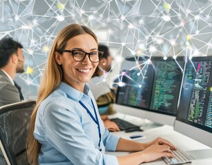 A middle aged beautiful woman IT specialist seated at her desk surrounded by out of focus computer screens displaying lines of programming code