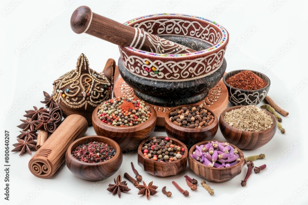 Poster a collection of various spices in wooden bowls. ideal for culinary concepts