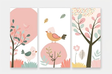 Set of three cards featuring birds and trees. Ideal for greeting cards or nature-themed designs