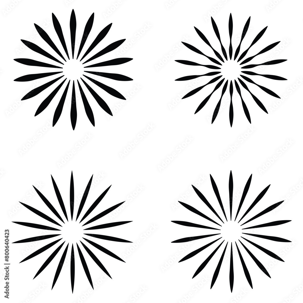 Poster radial sun burst. black-white round sunburst icons. starburst circles. abstract stripes with center.