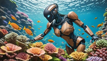 A humanoid with a torso of reclaimed wood, restoring a coral reef underwater, - obrazy, fototapety, plakaty