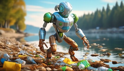 A mechanical figure with limbs crafted from old metal scraps, collecting plastic waste along - obrazy, fototapety, plakaty