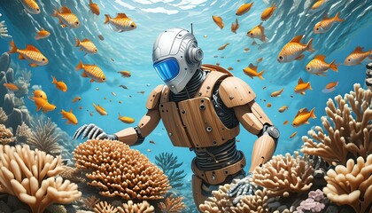 A humanoid with a torso of reclaimed wood, restoring a coral reef underwater,