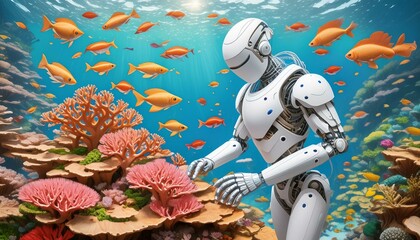 A humanoid with a torso of reclaimed wood, restoring a coral reef underwater, - obrazy, fototapety, plakaty