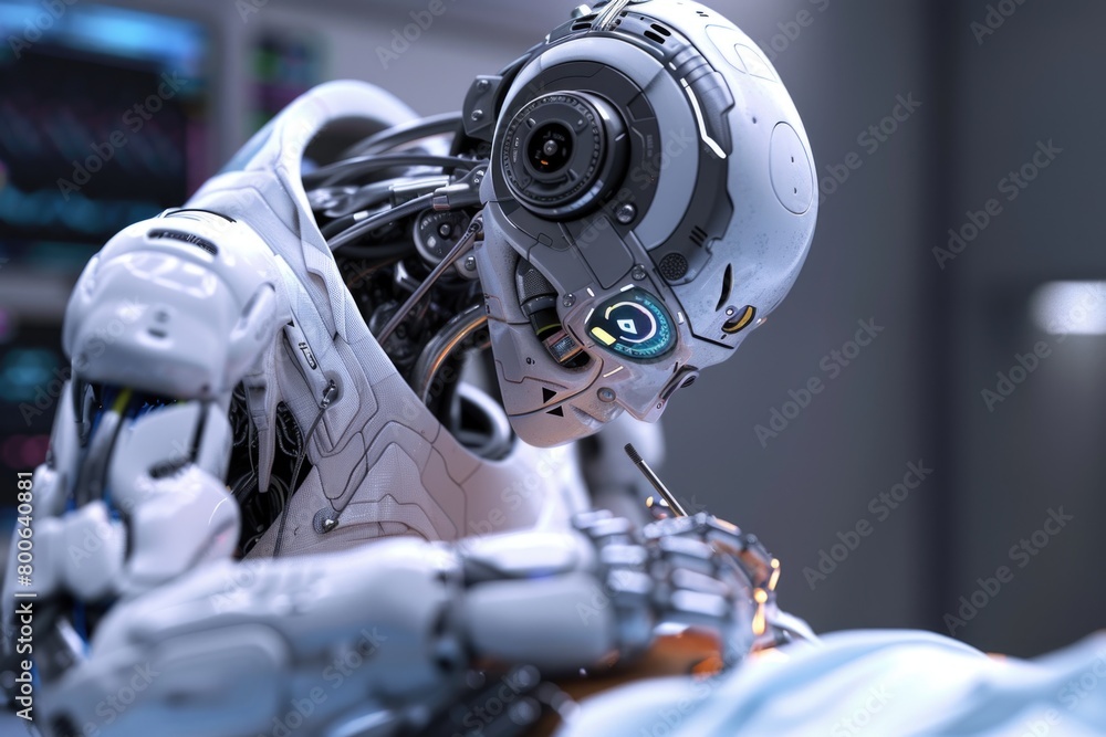 Poster a robot sitting on a bed. suitable for technology and bedroom concepts