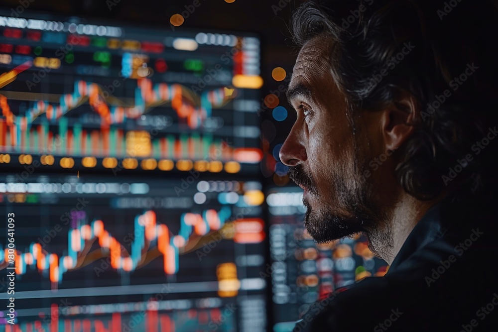 Aufkleber man in a business setting is focused on studying a chart displayed on a computer screen.