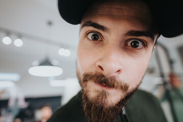 A playful, close-up portrait of a young bearded man wearing a cap. His facial expression is fun and...