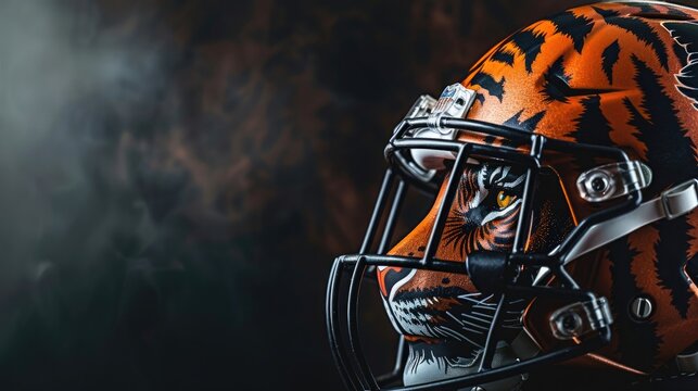 Against a backdrop of darkness, an American football helmet adorned with the striking image of a tiger commands attention