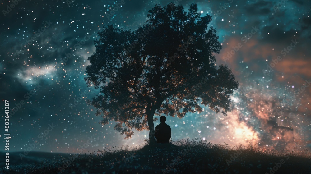 Poster a peaceful scene of a person sitting under a tree in a field. suitable for nature or relaxation conc