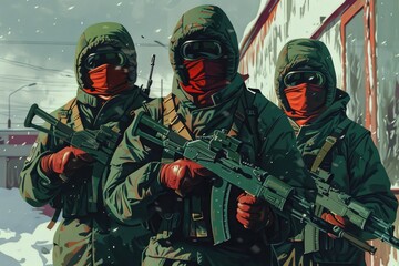 Obraz premium Group of soldiers armed in snowy terrain. Suitable for military or winter themed projects