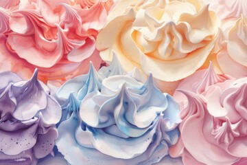 A close up image of a bunch of cupcakes with colorful frosting. Ideal for bakery and dessert concepts