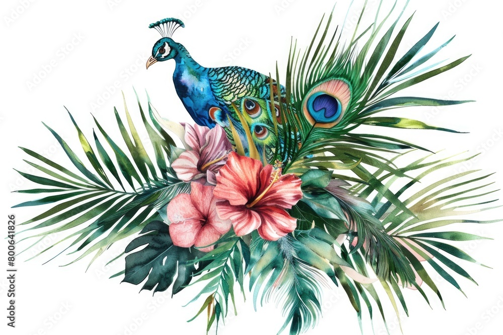 Sticker Colorful watercolor painting of a peacock surrounded by vibrant flowers. Perfect for nature and wildlife themed designs