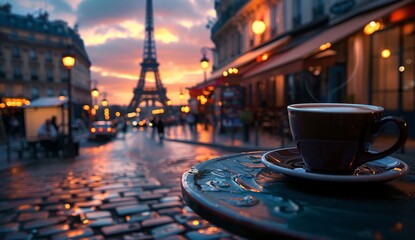 a cup of coffee on the table next to the eiffel tower
