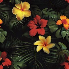 A rich display of tropical hibiscus flowers in full bloom nestled among verdant palm leaves on a dark background.
