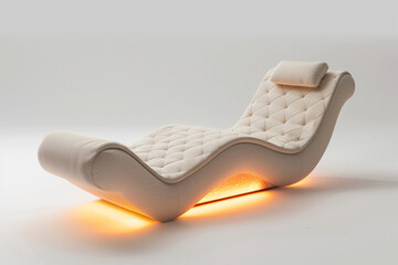 A chaise longue with a built-in ambient lighting system, creating a cozy atmosphere for relaxation, isolated on a solid white background.