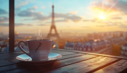 A cup of coffee with the Eiffel Tower in Paris France on the blurred background