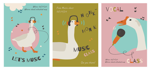 Vector music posters set for musical class. Kids flyer design with funny geese characters. Cards design for podcast