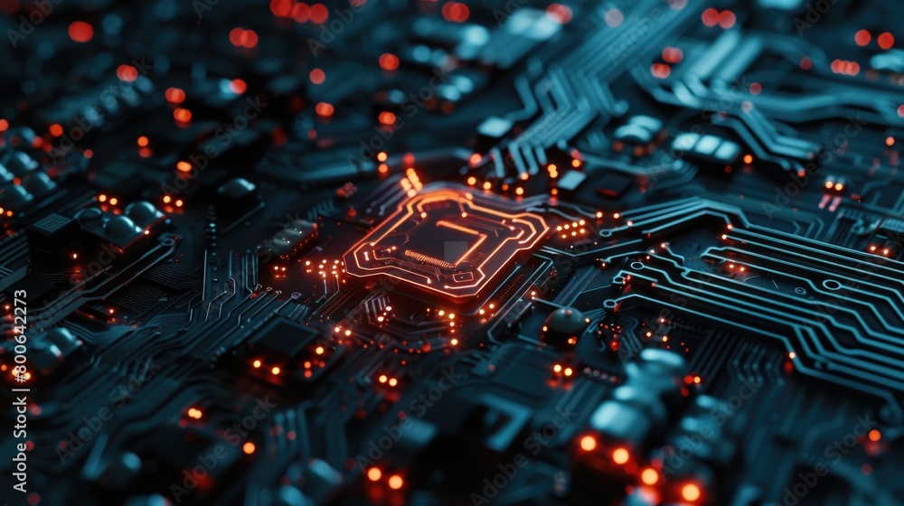 Fototapete close up of a circuit board with red lights. perfect for technology and innovation concepts