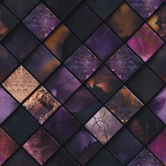 Luxurious abstract mosaic tiles pattern with rich purple hues and striking gold textures for an opulent background.