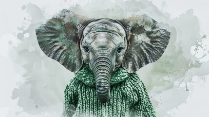 A cute elephant dressed in a cozy sweater and a green scarf. Perfect for winter-themed designs