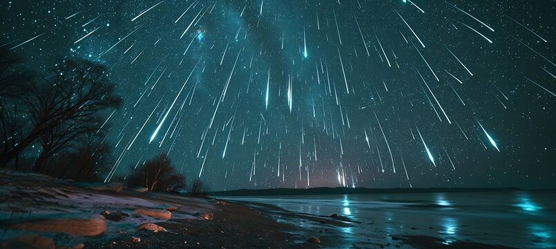 A Beautiful Beach at Night with a Spectacular Meteor Shower and Shooting Stars in the Sky