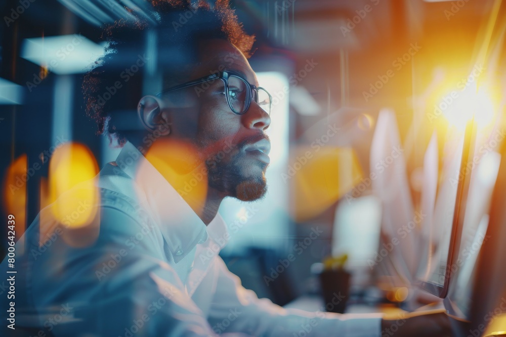 Poster a professional in a technological environment working intently on a project amidst a busy office set