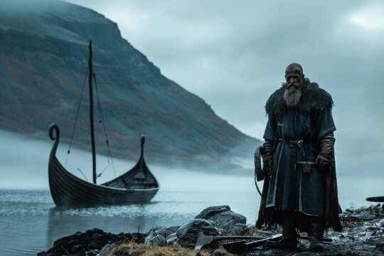 A Viking warrior stands contemplatively by a misty fjord with longships in the background setting a moody scene