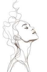 A woman's head with a line drawing of smoke coming out of her hair