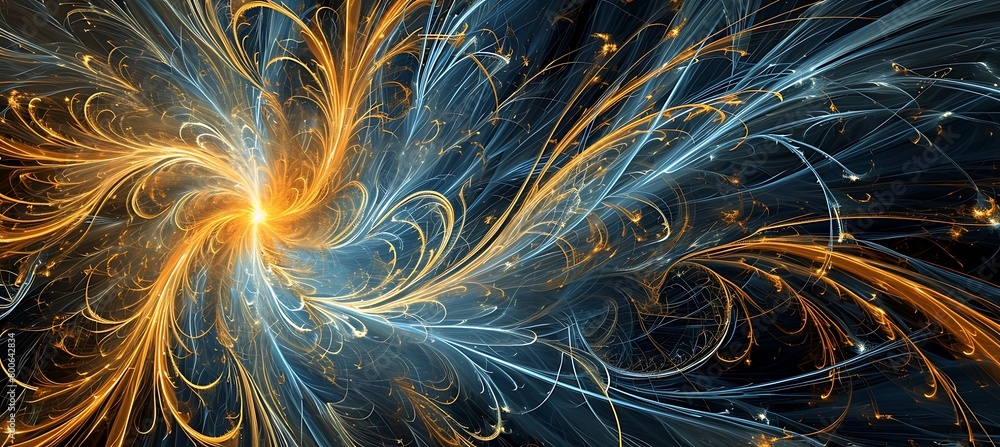 Poster colourful cosmic storm with swirling magnetic fields and lines - abstract space background
