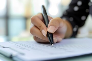 A person's hand is seen writing with a ballpoint pen, possibly taking notes or filling out paperwork