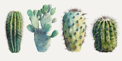 Cactus plants grouped together on a clean white background. Perfect for botanical illustrations or desert-themed designs