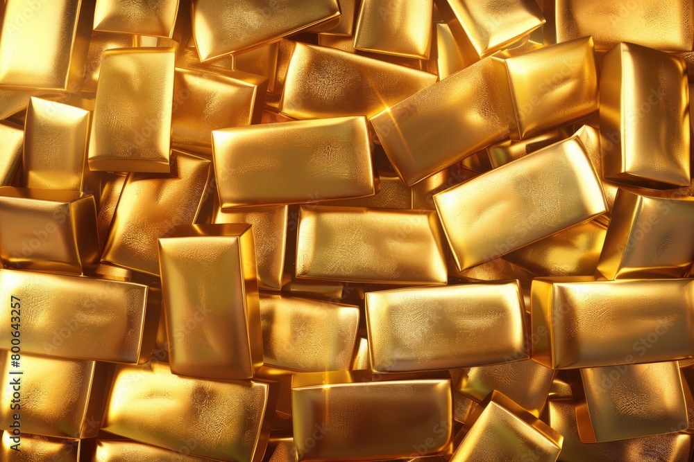 Poster a close up of a pile of shiny gold tiles. ideal for interior design projects