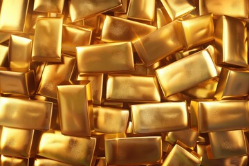 A close up of a pile of shiny gold tiles. Ideal for interior design projects