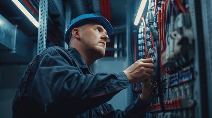 A man in a blue hat operating a machine. Suitable for industrial concepts