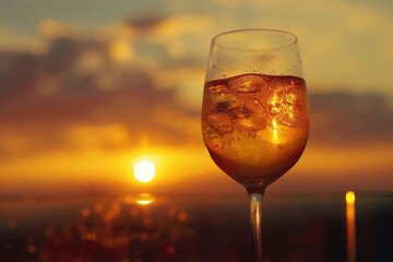 A serene image of a wine glass with a beautiful sunset in the background. Ideal for wine lovers or sunset enthusiasts