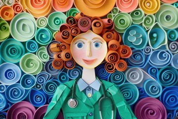 A unique paper sculpture of a woman holding a stethoscope. Perfect for medical concepts and healthcare designs