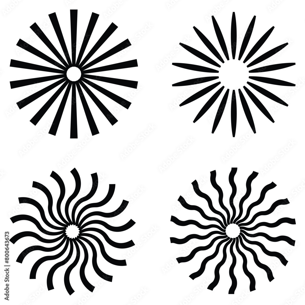 Poster radial sun burst. black-white round sunburst icons. starburst circles. abstract stripes with center.