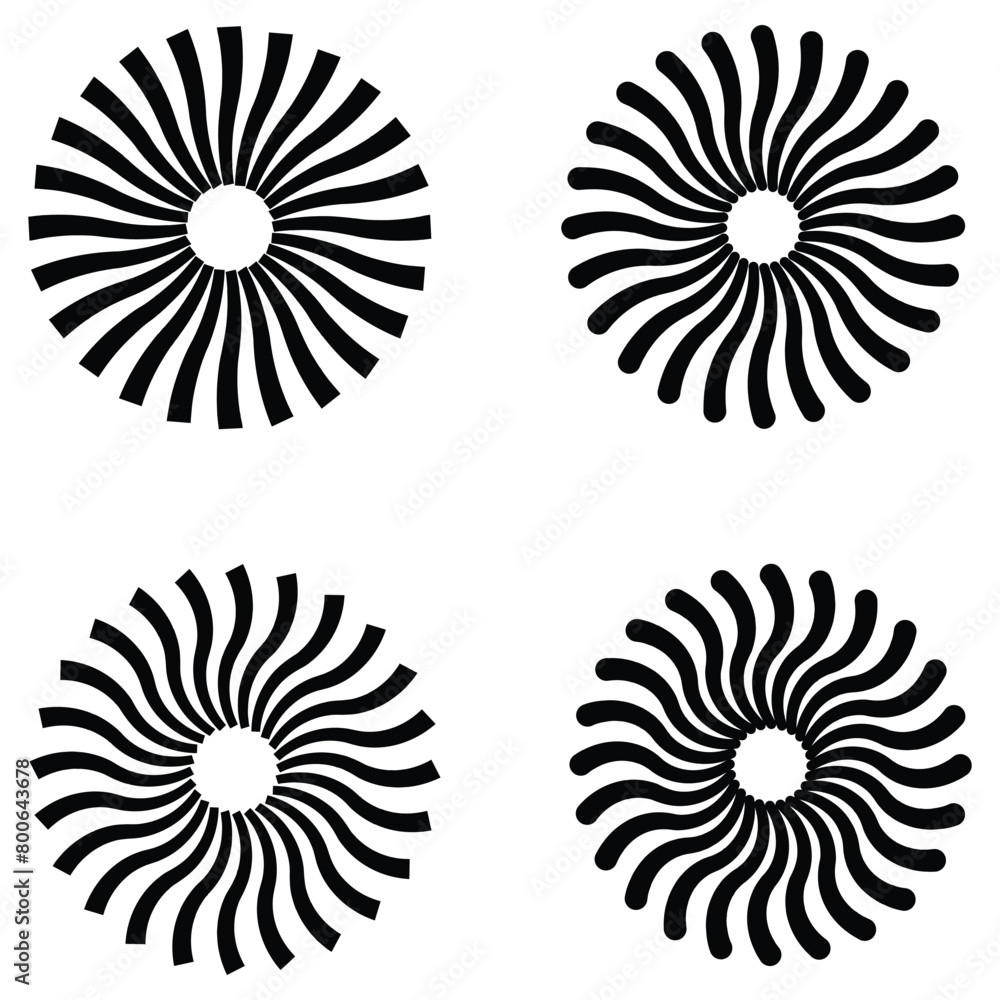 Poster radial sun burst. black-white round sunburst icons. starburst circles. abstract stripes with center.