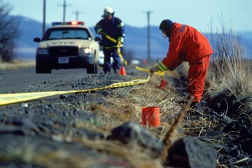 Fototapeta premium Officials conduct a crime scene investigation in a rural area with police tape and a forensic team at work