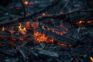 Detailed image of glowing embers within a bed of ashes, showcasing the beauty and danger of a dying fire in a natural setting