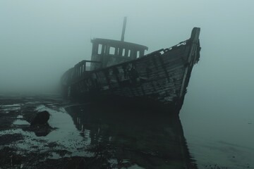 An eerie scene of a decaying shipwreck eerily emerging from thick fog along a desolate shore