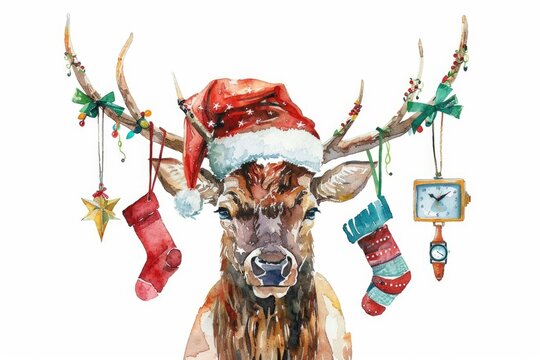A festive watercolor painting of a deer wearing a Santa hat. Perfect for holiday projects