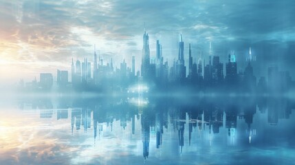 A city skyline in the distance with a reflection of water, AI