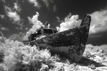 A black and white photo presenting a shipwreck on land with a stark contrast against a dramatic clouded sky - Powered by Adobe