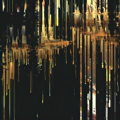 abstract vertical pattern with broken glitched lines of various thickness with dripping gold on a black background 
