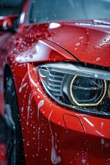 Close up of a red car in rainy weather. Suitable for automotive and weather-related concepts