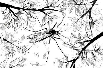 Detailed drawing of a mosquito perched on a tree branch. Suitable for educational materials or nature-themed designs