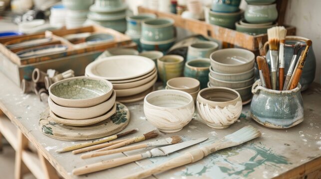 A diverse collection of finished pottery pieces displayed on a table in a ceramic workshop - Powered by Adobe